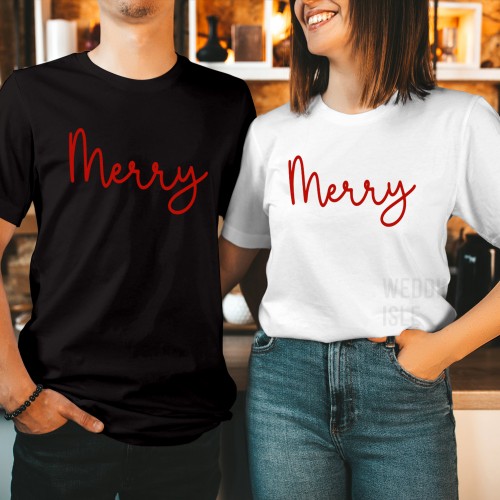 Merry Christmas T Shirt, Cute Red Cursive Script Graphic Tee, Minimalist Holiday Winter Tops, Matching Couples Family Photo Gift Ideas Present