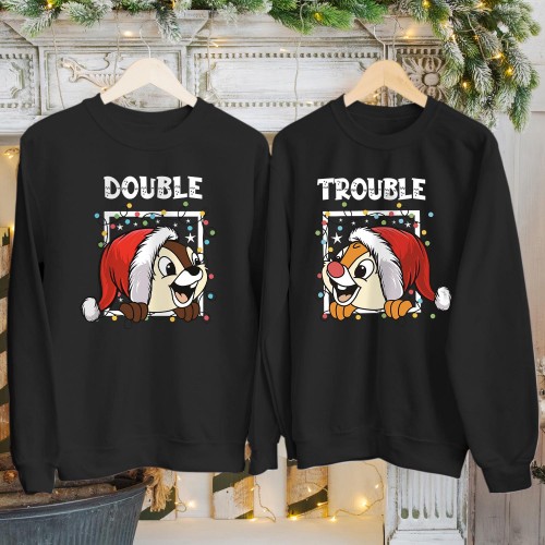 Disney Chip And Dale Christmas Sweatshirt, Funny Matching Double Trouble Holiday Jumper, Magical Theme Park Graphic Crewneck Retro Xmas Gift Winter Sweater