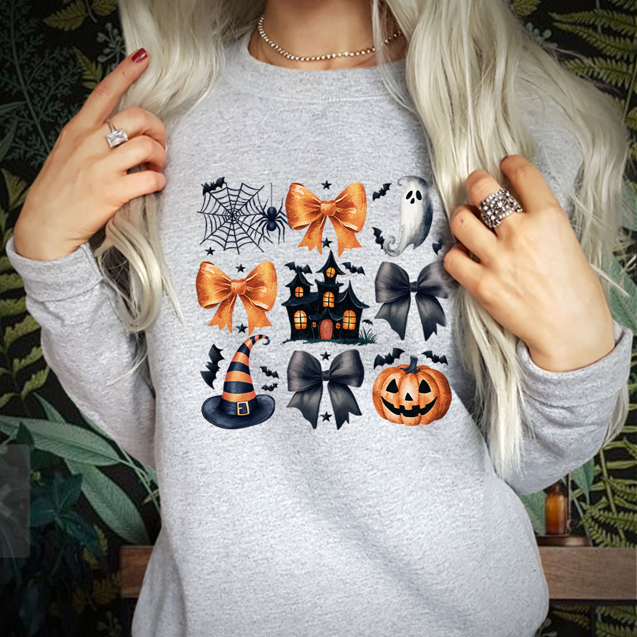 Coquette Bow Pumpkin Kids Jumper with Preppy Spiders and Ghost Haunted House, Spooky Season Boo Ghost Witch Bat Happy Halloween Sweater