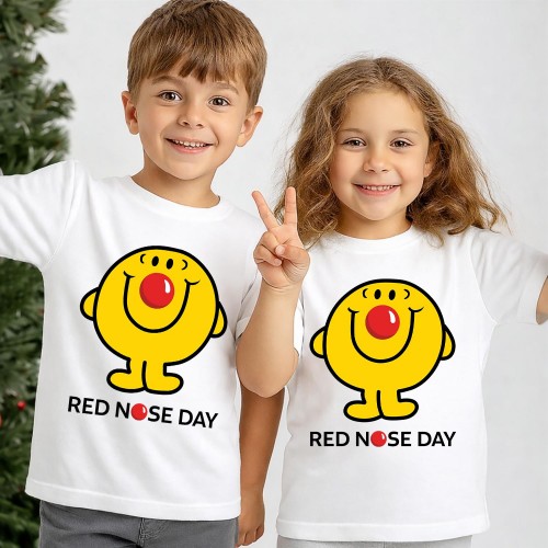 Mr Happy Red Nose Day T-Shirt, Official Comic Relief T Shirt & Tops, Mr. Men Charity Clothing, Kids & Childrens Red Nose Day Tee