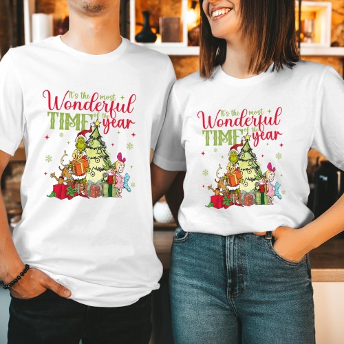 Vintage Grinch Christmas T Shirt, Wonderful Time Of The Year Holiday Graphic Tee, Whoville Max Cindy Lou Gift Matching Couples Xmas Tops