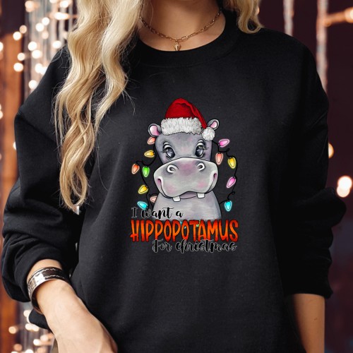 I Want A HIPPOPOTAMUS For CHRISTMAS Sweatshirt - Festive Christmas Jumper with Santa Hat, Matching Family Xmas Lights, and Cute Hippo Design - Perfect Holiday Gift for All Ages