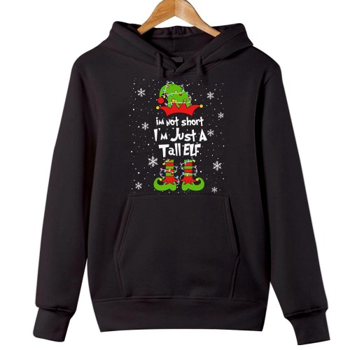 I'm Not Short I'm Just A Tall Elf Christmas Hoodie, Funny Matching Family Holiday Pullover, Cute Graphic Retro Hooded Xmas Gift Winter Sweatshirt