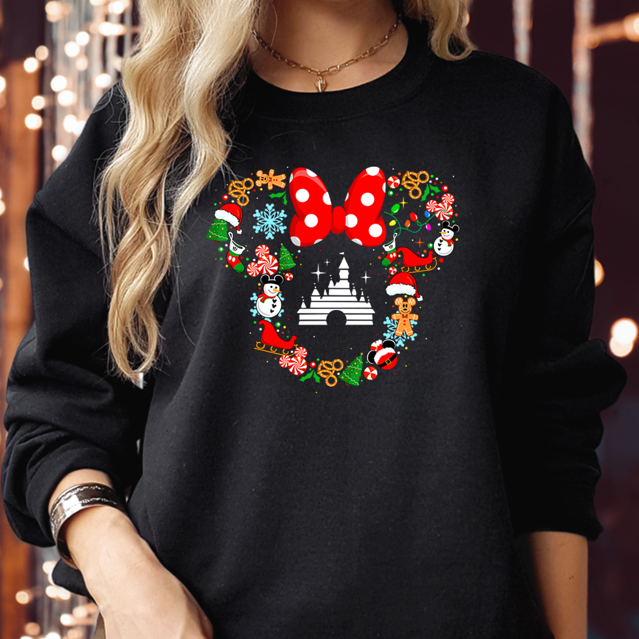 Magic Castle Minnie House Christmas Sweatshirts for Women, Festive Holiday Pullover, Cute Minnie Mouse Sweater, Christmas Jumper, Gift for Her