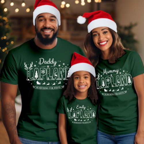 Personalised Lapland Family Christmas T-Shirt, Custom Reindeer Antlers Snowy Forest Flying Sleigh Holiday Trip Xmas T-Shirts