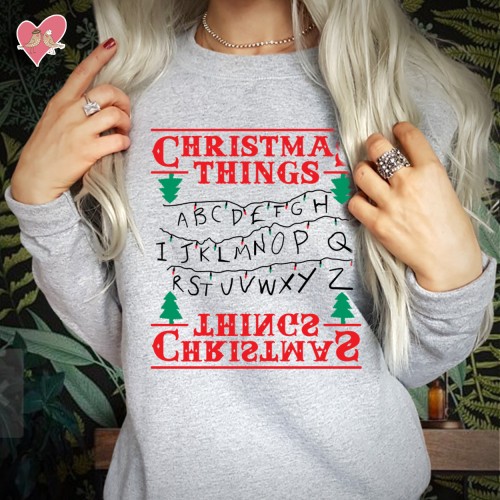 Christmas Stranger Things Lighting Sweatshirt, Funny Upside Down Tree Jumper, Cute Matching Family Outfits Winter Crewneck Alphabet Xmas Pullover
