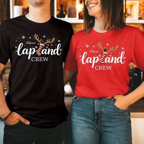 Personalised Lapland Crew Family Matching Christmas Shirt, Custom Striped Stocking Reindeer Antlers Ornaments Holiday Trip Xmas T-Shirts
