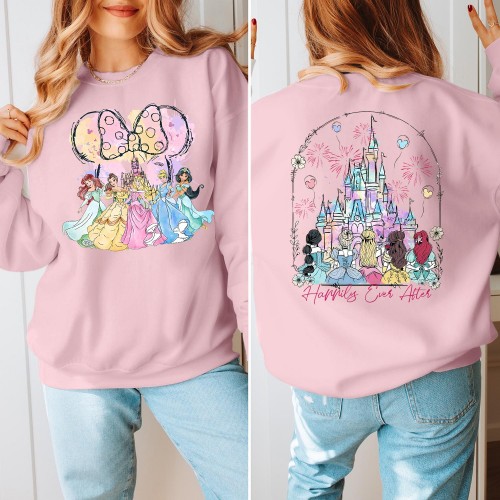 Disney Princess Sweatshirt, Happily Ever After Watercolor Jumper, Ariel Belle Cinderella Aurora Jasmine Top, Disney Girls Trip Women Kids Sweater
