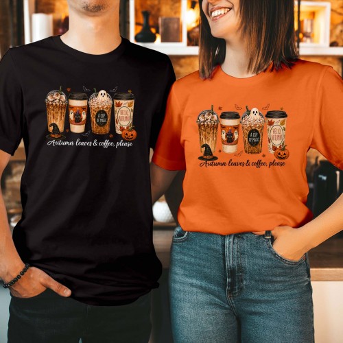 Autumn Leaves Coffee Please T-Shirt, Pumpkin Spice Ghost Witch Hat Shirt, Halloween Iced Coffee Graphic Tee, Cozy Autumn Barista Harvest Top