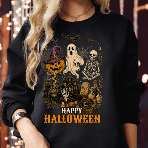 Vintage Happy Halloween Sweatshirt Ghost Skeleton Pumpkin Black Cat Spooky Jumper