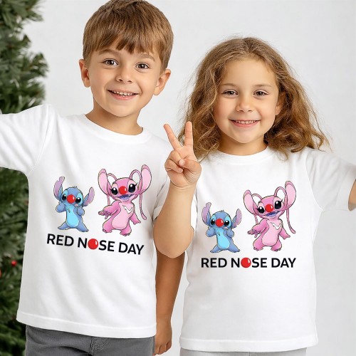 Official Disney Stitch Red Nose Day T Shirt, Lilo & Stitch Character Charity Clothing, Comic Relief T-Shirt & Tops, Kids & Childrens Red Nose Day Tee