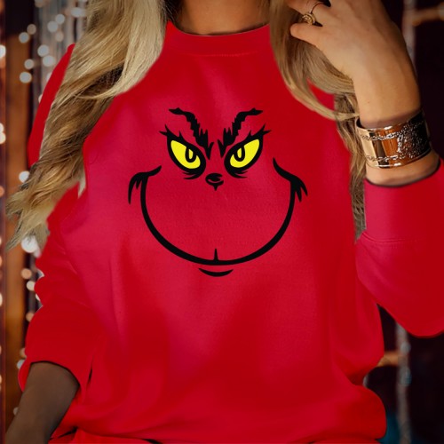 Funny Grinch Face Christmas Sweatshirt, Cute Holiday Movie Jumper, Sarcastic Smirk Graphic Crewneck Xmas Pullover Novelty Whoville Fan Gift