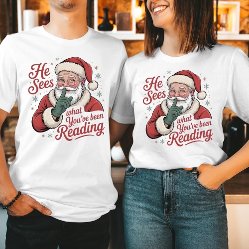 Funny Santa Reading Christmas T Shirt, Witty He Sees What Youve Been Reading Graphic Tee, Cute Bookish Book Lovers Matching Couples Tops Xmas Gift