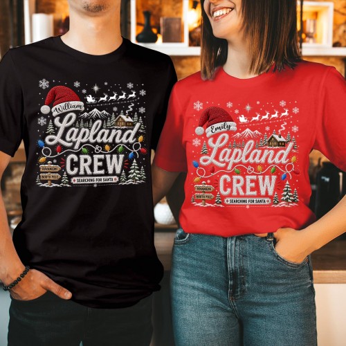 Personalised Lapland Crew Family Matching Christmas Shirt, Custom Knitted Effect Festive Cabin Fairy Lights Family Holiday Trip Xmas T-Shirts