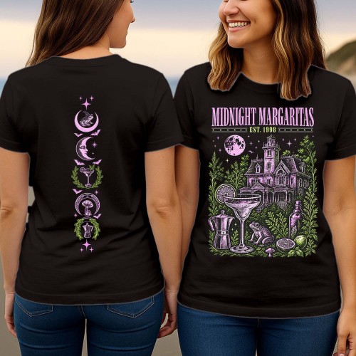 Midnight Margaritas T-Shirt, Front Back Print Cocktail Recipe Halloween Shirt, Est 1998 T-Shirt Victorian Witch House Unisex Graphic Top