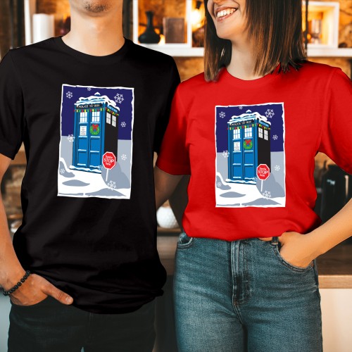 Santa Stop Here Dr Who Police Box Christmas T-Shirt, Funny Sci-Fi Time Travel Tee, Cute Matching Family Outfits Winter Graphic Xmas Shirt