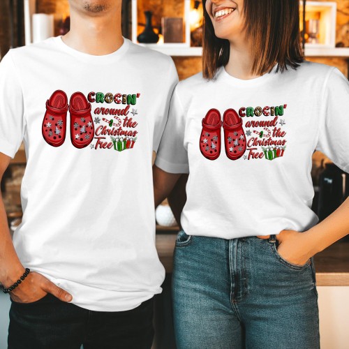 Funny Crocin Around The Christmas Tree T Shirt, Cute Clog Shoe Lover Holiday Graphic Tee, Winter Matching Couples Family Gift Present Colorful Tops