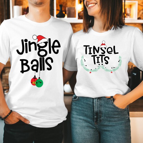 Jingle Balls Tinsel Tits Christmas T Shirt, Rude Adult Humor Holiday Graphic Xmas Tee, Witty Matching Couples Naughty Christmas Gifts Tops
