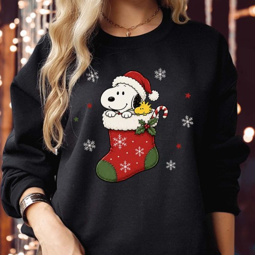 Snoopy Christmas Jumper, Woodstock Stocking Xmas Sweatshirt, Cute Peanuts Holiday Stuffed Stocking Sweater Family Gift Pajamas