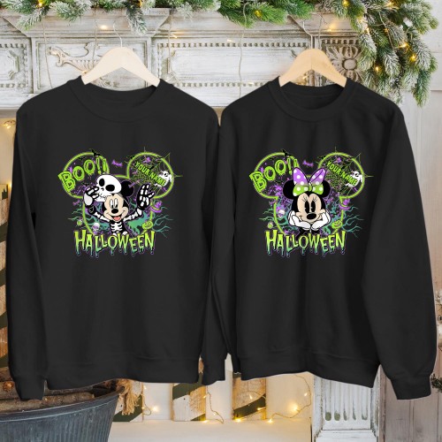 Personalised Mickey Minnie Skeleton Sweatshirt, Custom Disney Halloween Family Matching Jumper, Spooky Lime Green Boo Pullover Crewneck Sweater