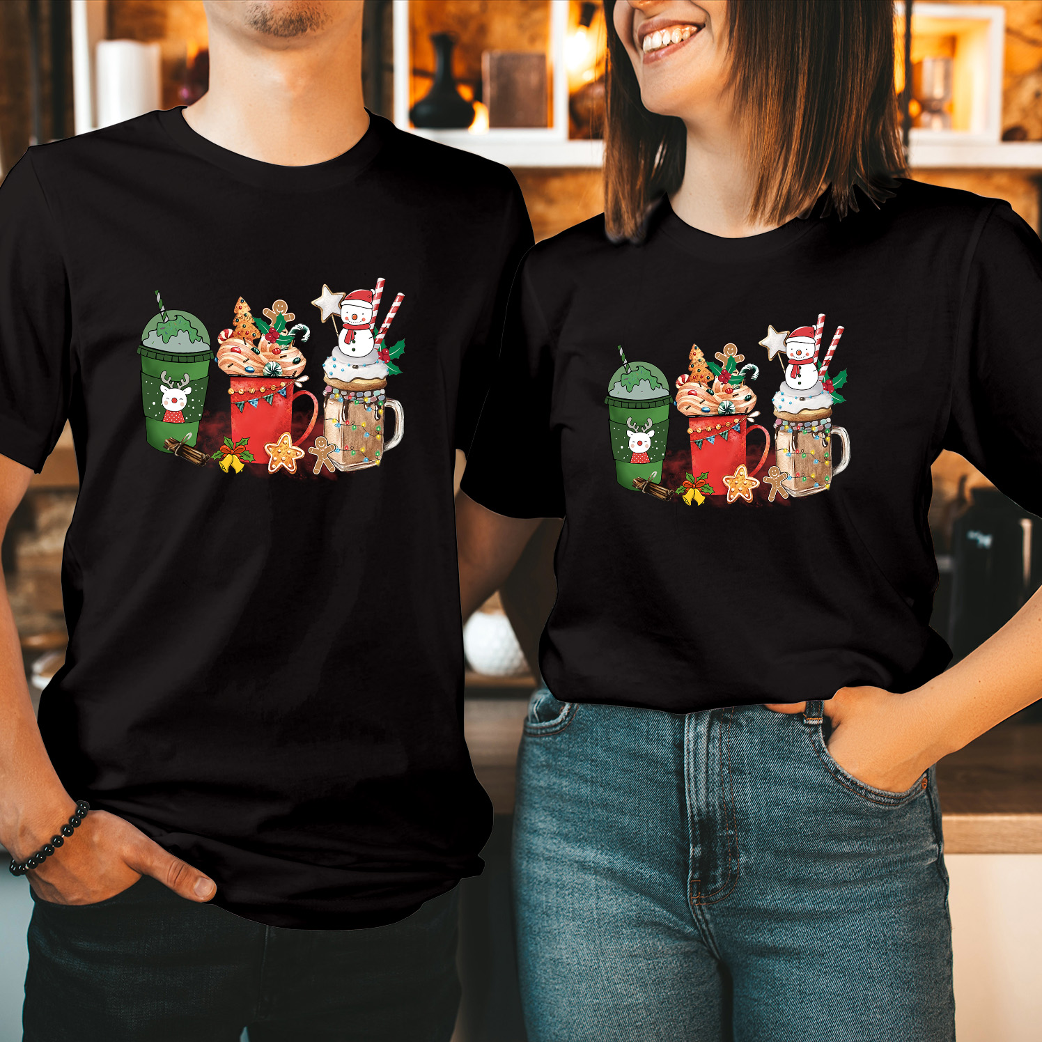 Snowman Reindeer Christmas Latte Coffee T-Shirt