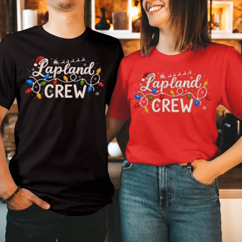 Personalised Lapland Crew Family Matching Christmas Shirt, Custom Knitted Effect Fairy Lights Santa Hat Holiday Trip Family Xmas T-Shirts