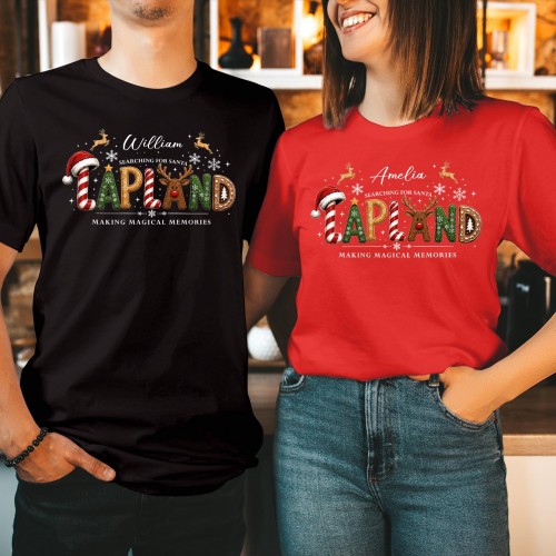 Personalised Lapland Family Christmas T-Shirt, Custom Candy Cane Gingerbread Man Reindeer Rudolph Santa Hat Holiday Trip Family Matching Tops