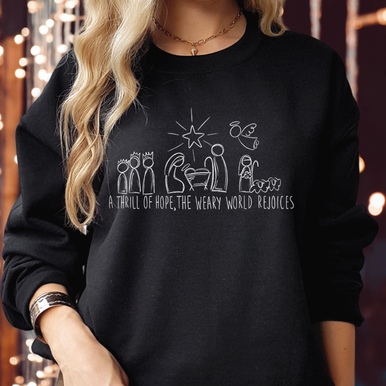 Funky Kittens Nativity Christmas T-Shirt – “A Thrill of Hope, The Weary World Rejoices” Religious Holiday Tee, Inspirational Christmas Top for Men and Women