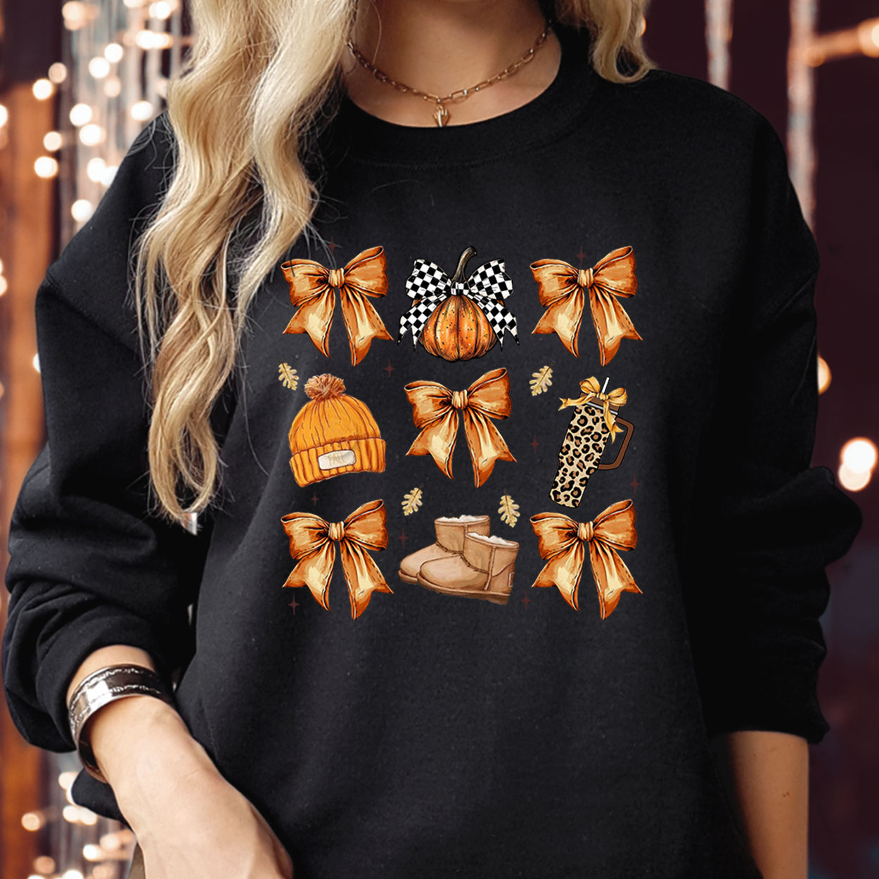 Retro Fall Pumpkin Season Coquette Bow Boho Girl Autumn Vibes Jumper, Spooky Season Boo Ghost Witch Thanksgiving Halloween Sweatshirt for Women