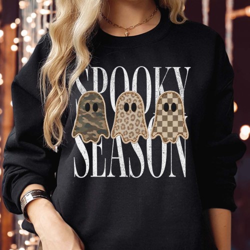 Spooky Season Sweatshirt Jumper, Patterned Ghosts Camo Leopard Checkerboard Halloween Graphic, Cute Spooky Autumn Unisex Top for Men Women
