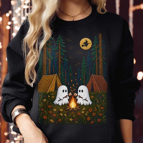Camping Ghosts Bonfire Sweatshirt Jumper, Spooky Forest Halloween Unisex Graphic, Funny Ghost Campfire Shirt, Halloween Fun Autumn Top