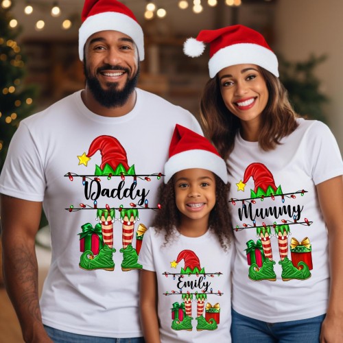Personalised Elf Christmas T Shirt, Custom Name Family Matching Graphic Tee, Cute Holiday Group Outfits Kids Men Women, Xmas Gift Ideas Present