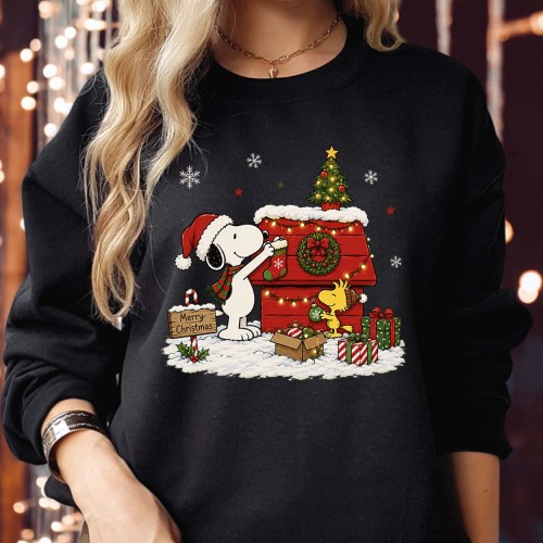 Snoopy Christmas Jumper, Woodstock Doghouse Xmas Sweatshirt, Cute Peanuts Holiday Sweater, Winter Decorating Family Gift Pajamas