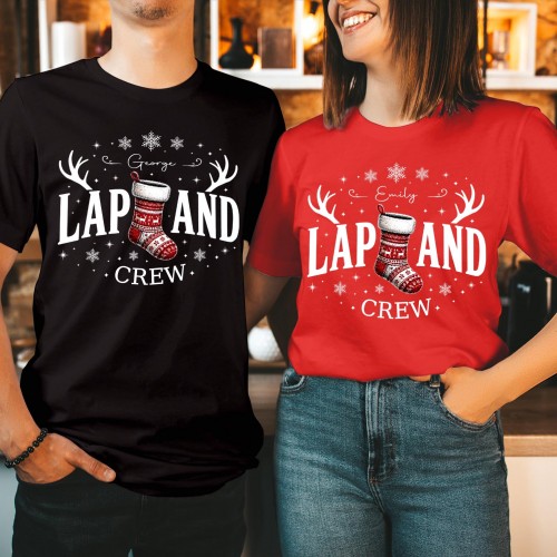 Personalised Lapland Crew Family Matching Christmas Shirt, Custom Christmas Stocking Reindeer Antlers Holiday Trip T-Shirts Xmas Tops