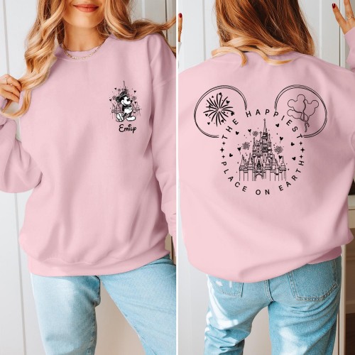 Personalised Mouse Castle Sweatshirt, Happiest Place On Earth XMas Jumper, Custom Name Mickey Magic Castle Top, Disney Family Holiday Sweater