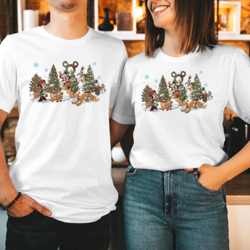 Disney Christmas T Shirt, Retro Mickey Mouse Minnie Friends Graphic Tee, Nostalgic Winter Matching Couples Family Holiday Xmas Gift Top