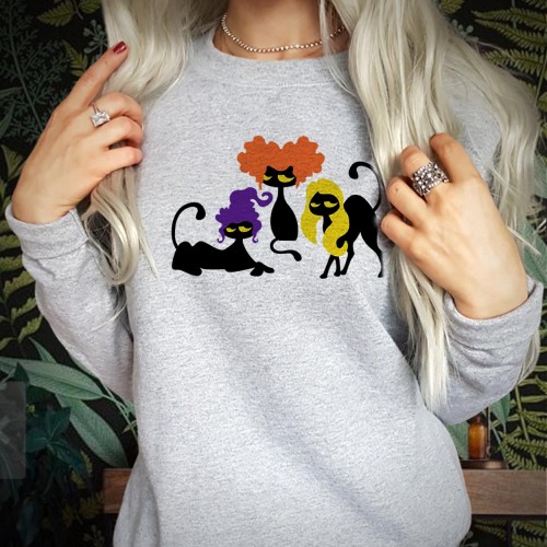 Sanderson Sisters Witches Black Cat Sweatshirt, Funny Halloween Witch Jumper, Retro Spooky Movie Character Pullover, Salem Holiday Crewneck Top
