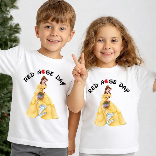 Disney Princess Belle Red Nose Day T-Shirt, Comic Relief T Shirt & Tops, Beauty and the Beast Charity Clothing, Kids & Childrens Red Nose Day Tee