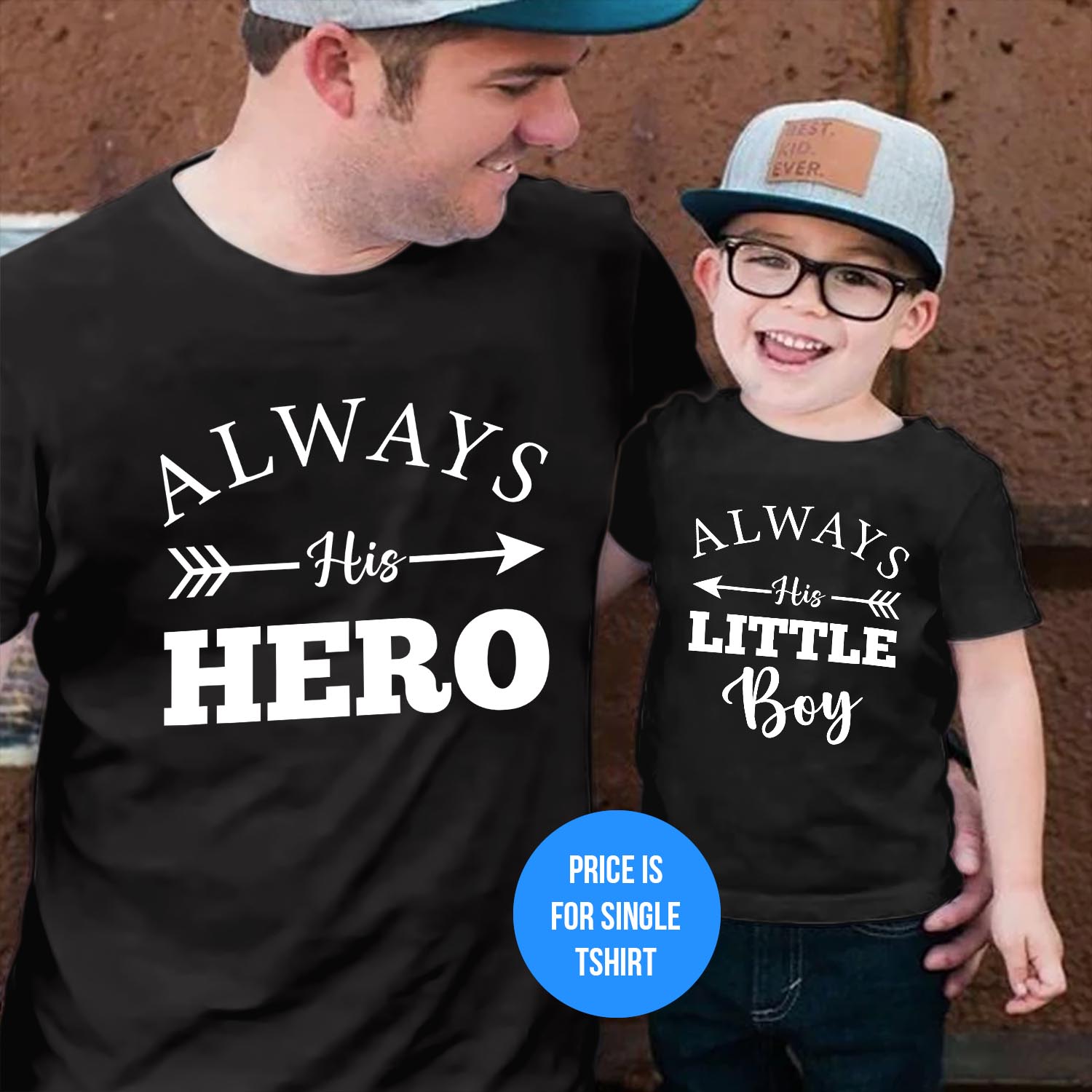 Always His Hero and Always His Little Boy Father Son T-Shirts Dad Son Daughter Family Matching Shirt Tops Set Funny Dad Birthday Father's Day Gift T Shirt