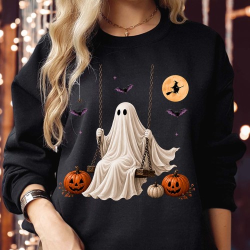 Ghost on Swing Halloween Sweatshirt | Pumpkin & Full Moon Spooky Jumper