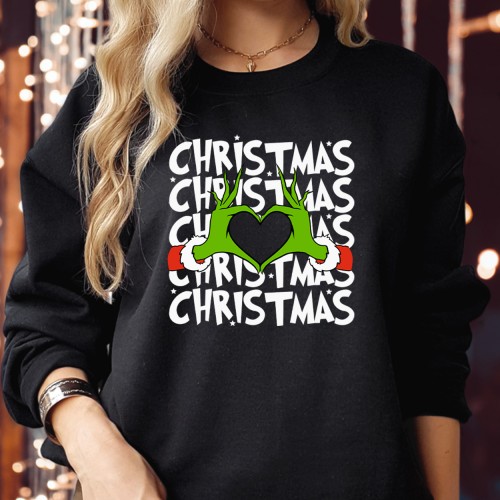 Grinch Christmas Love Heart Sweatshirt, Cute Mean Green Holiday Jumper, Whoville Retro Movie Graphic Crewneck Xmas Pullover Festive Novelty Gift