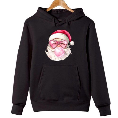 Pink Santa Claus Bubble Gum Christmas Hoodie, Cute Retro Heart Sunglasses Jumper, Pastel Aesthetic Pullover Hooded Winter Gift Xmas Sweatshirt