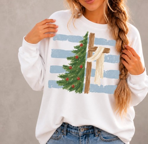 Christian Cross Christmas Tree Sweatshirt | Faith Based Religious Xmas Jumper Gift Sweater