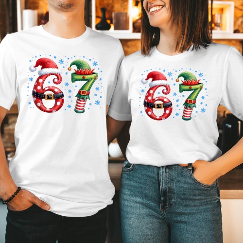 Funny Six Seven Christmas T Shirt, Santa Elf Meme Holiday Graphic Tee, Viral Numeric Pun Matching Couples Winter Festive Novelty Gift Top