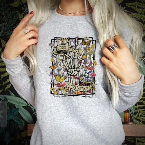 Good Energy Is Contagious Sweatshirt, Retro Floral Skeleton Peace Hand Jumper, Vintage Botanical Butterfly Pullover, Boho Positive Vibes Crewneck