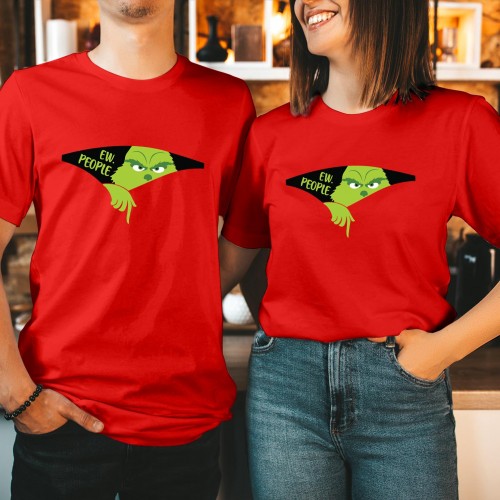 Funny Ew People Christmas Grinch T Shirt, Peeking Grinch Graphic Tee, Sarcastic Introvert Xmas Top, Men Women Kids Family Holiday Gift