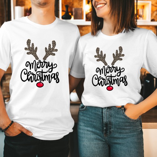 Leopard Reindeer Antlers Christmas T-Shirt, Cute Animal Print Rudolph Graphic Tee, Matching Couples Holiday Tops, Christmas Gift Ideas Presents