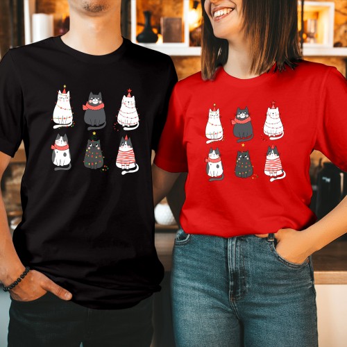 Meowy Catmas Christmas Cat T-Shirt – Funny Festive Tee with 6 Cats & Christmas Lights – Cute Holiday Top for Cat Lovers T Shirt