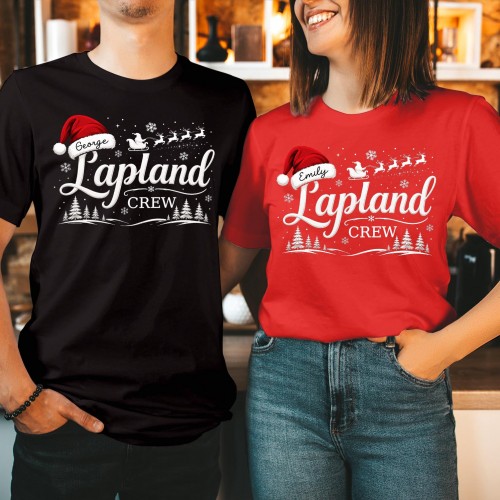 Personalised Lapland Crew Family Matching Christmas Shirt, Custom Santa Hat Pine Tree Flying Sleigh Snowy Forest Holiday Trip Xmas T-Shirts