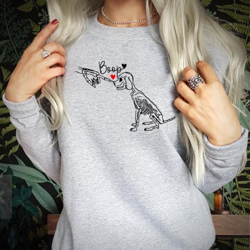 Dog Skeleton Boop Sweatshirt, Spooky Halloween Puppy Skeleton Jumper, Cute Pet Lover Gift Pullover, Retro Whimsical Dog Mom Holiday Crewneck